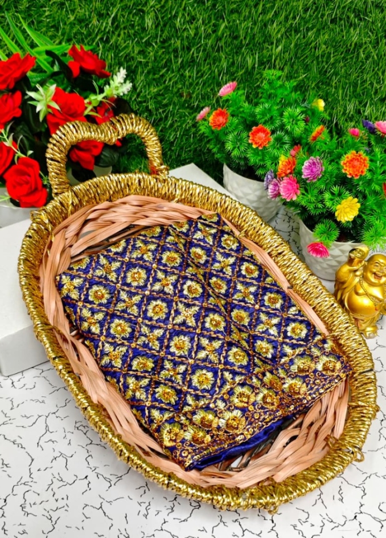 Luxurious heavy work blouse fabric with floral goldwork jaal border - R BLUE (2)