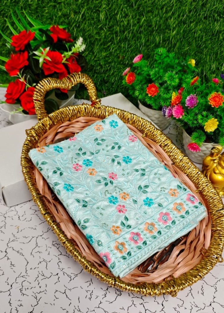 Luxurious heavy work blouse fabric with floral goldwork jaal border - LIGHT SKY BLUE