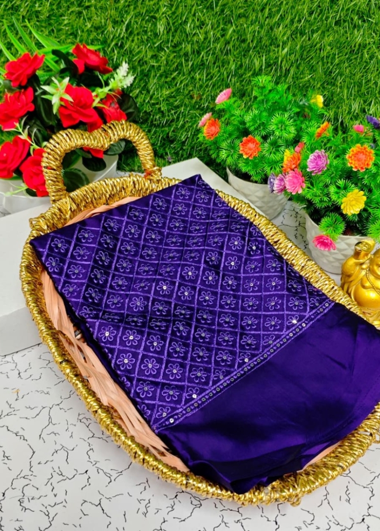 Luxurious heavy work blouse fabric with floral goldwork jaal border - INDIGO COLOUR (1)