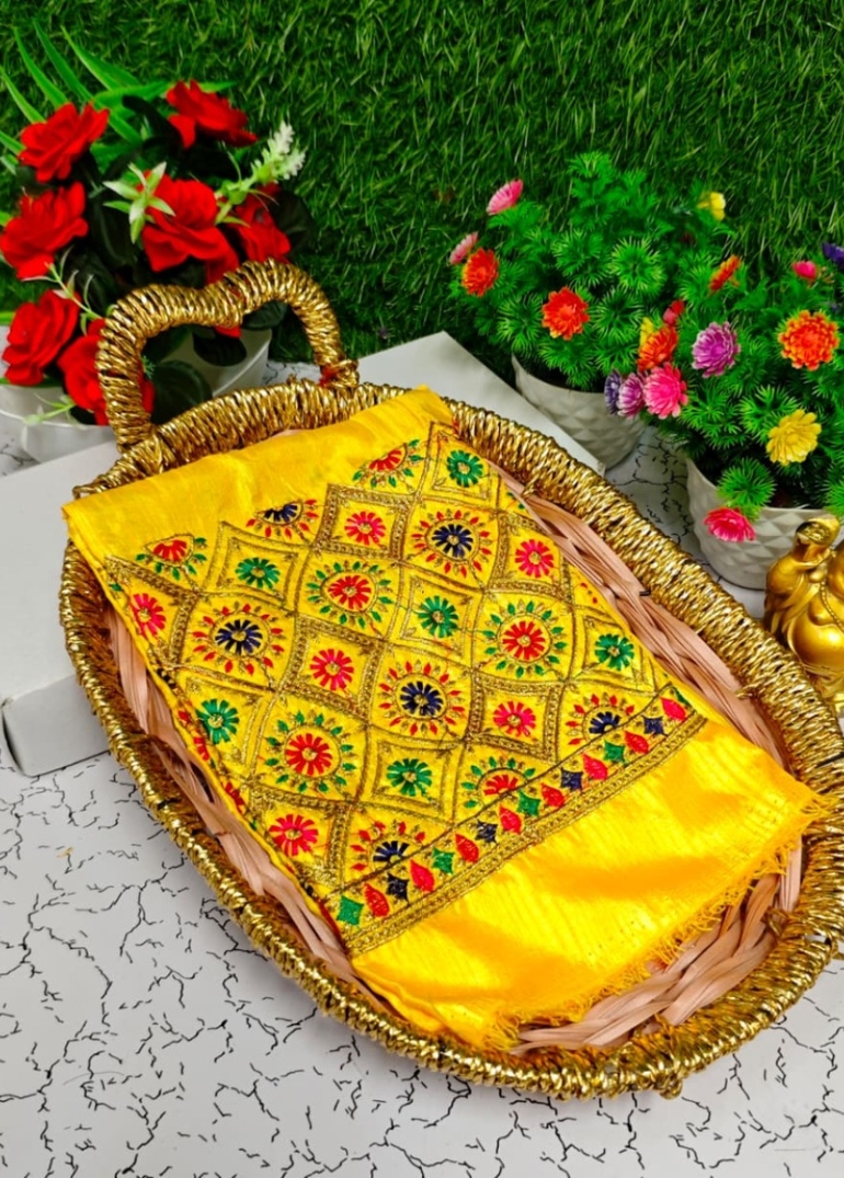 Luxurious heavy work blouse fabric with floral goldwork jaal border - YELLOW