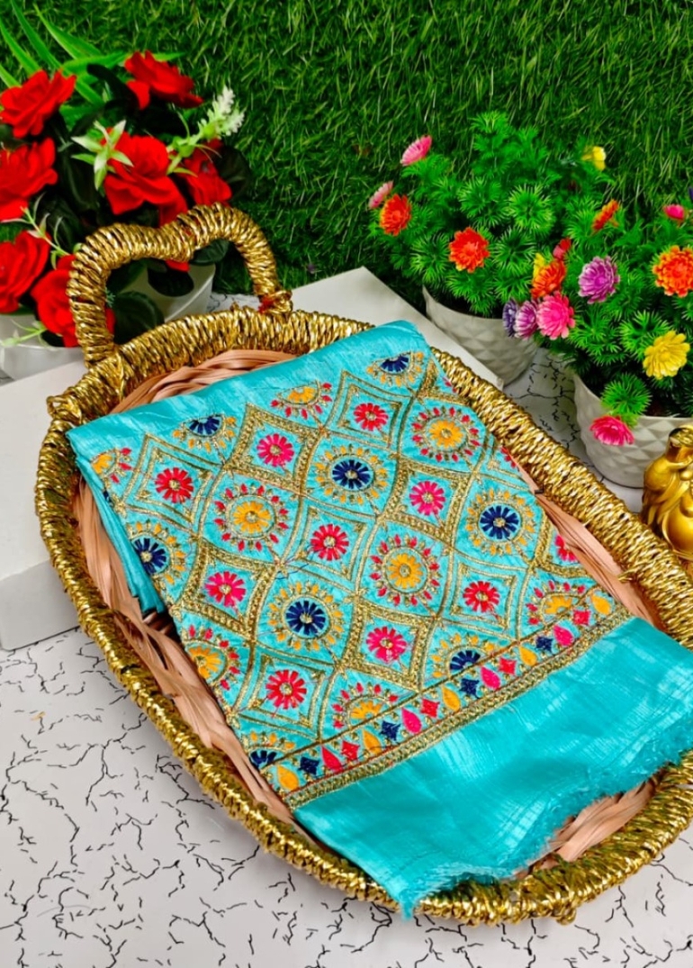 Luxurious heavy work blouse fabric with floral goldwork jaal border - SKY BLUE