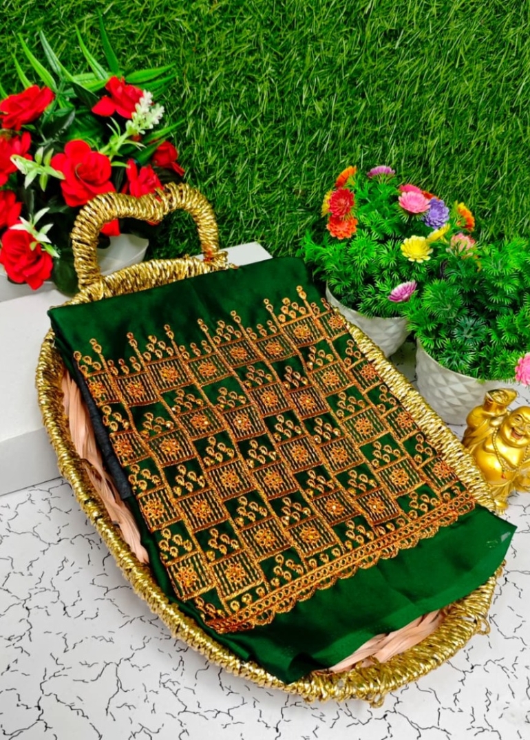 Luxurious heavy work blouse fabric with floral goldwork jaal border - GREEN COLOUR (2)