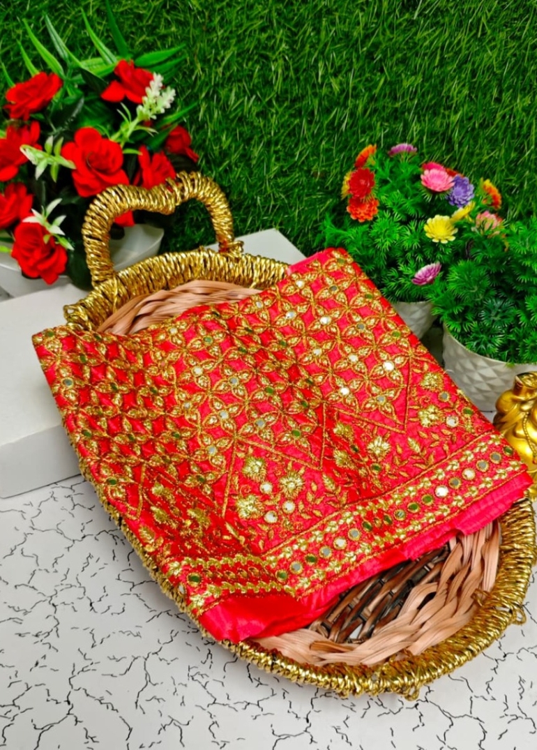 Luxurious heavy work blouse fabric with floral goldwork jaal border - DARK PINK (13)