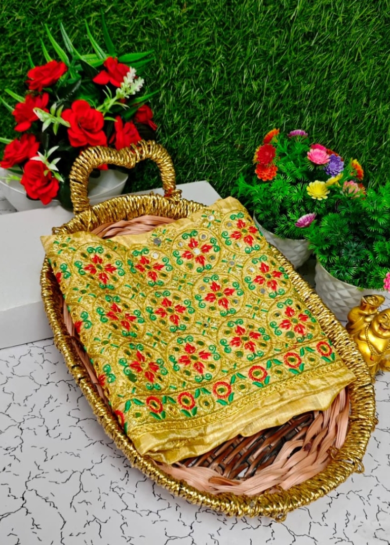 Luxurious heavy work blouse fabric with floral goldwork jaal border - GOLD (1)