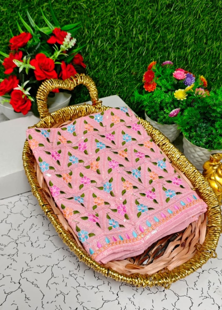 Luxurious heavy work blouse fabric with floral goldwork jaal border - BABY PINK