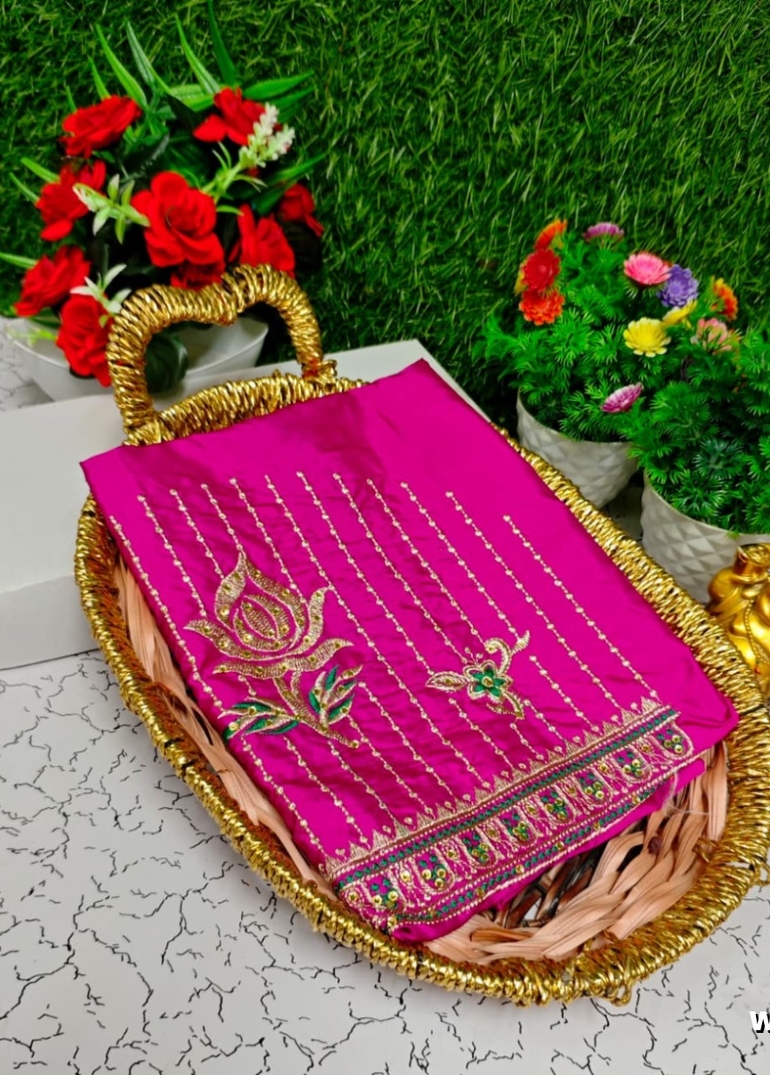 Luxurious heavy work blouse fabric with floral goldwork jaal border - PINK