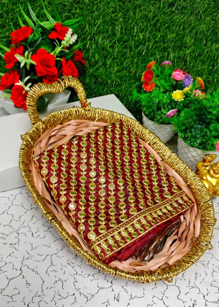 Luxurious heavy work blouse fabric with floral goldwork jaal border - MAROON COLOR (2)