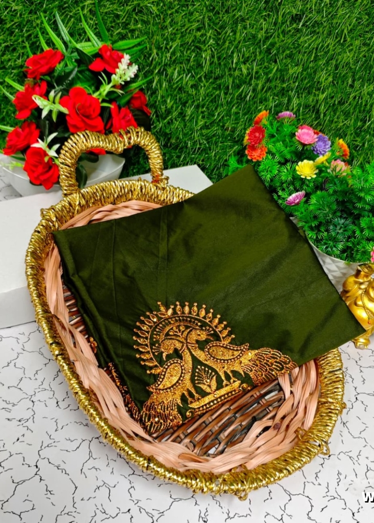 Luxurious heavy work blouse fabric with floral goldwork jaal border - OLIVE GREEN