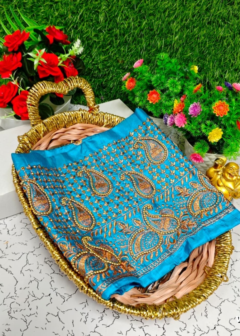 Luxurious heavy work blouse fabric with floral goldwork jaal border - BLUE COLOUR (2)