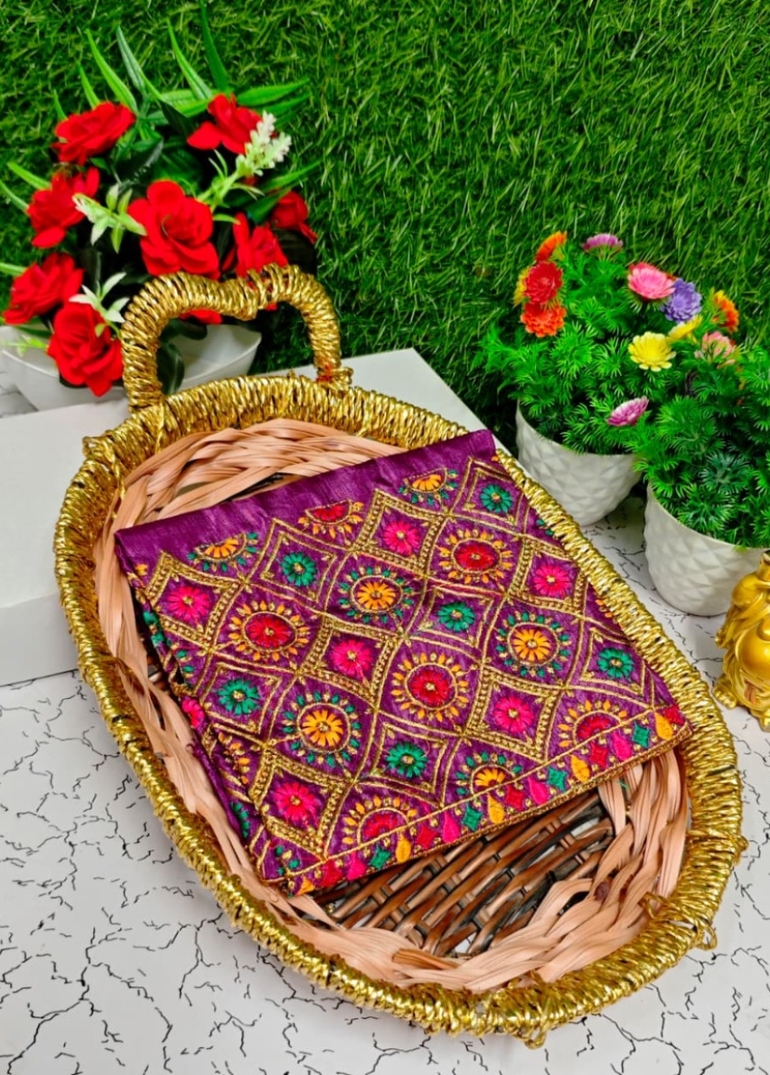 Luxurious heavy work blouse fabric with floral goldwork jaal border - VADAMALLI