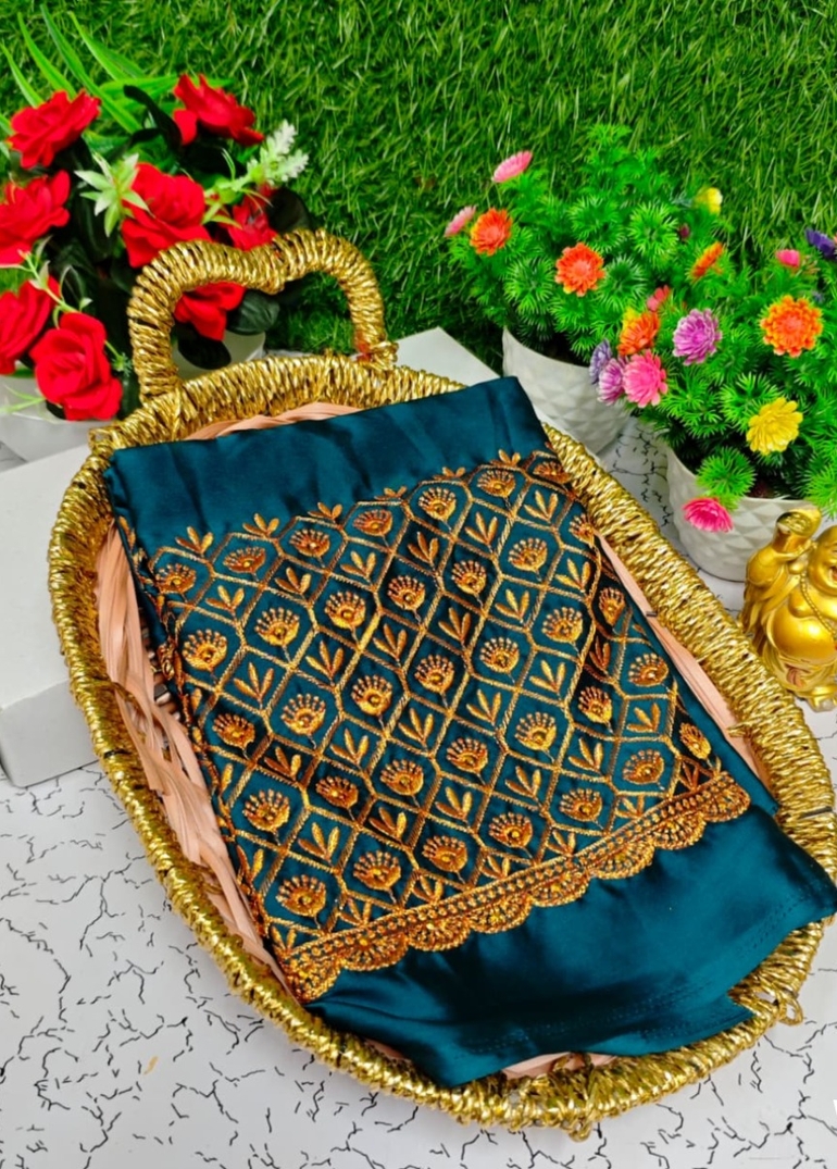 Luxurious heavy work blouse fabric with floral goldwork jaal border - PEACOCK GREEN