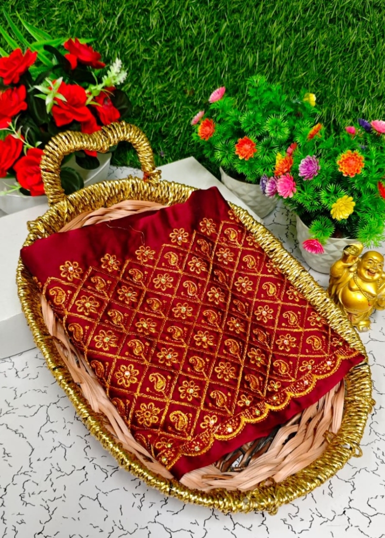 Luxurious heavy work blouse fabric with floral goldwork jaal border - MERUN (9)