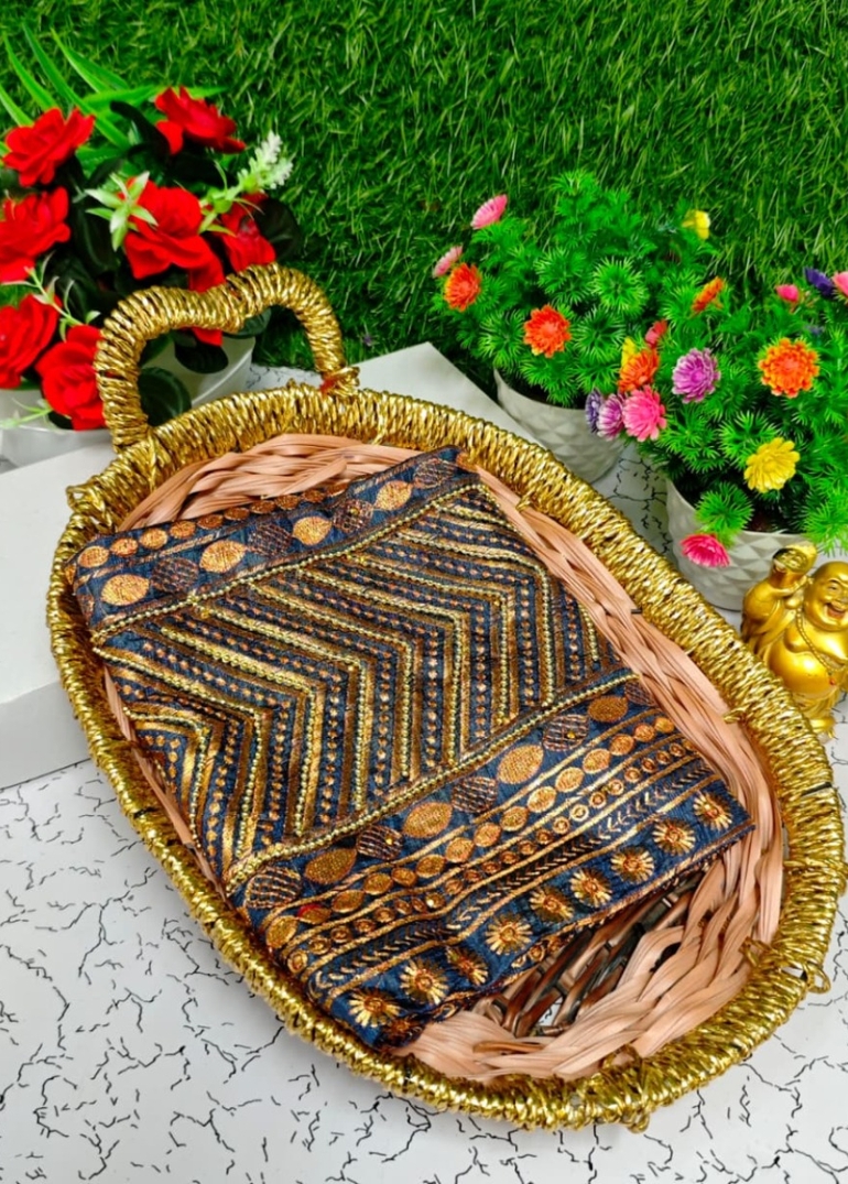 Luxurious heavy work blouse fabric with floral goldwork jaal border - GRAY (1)