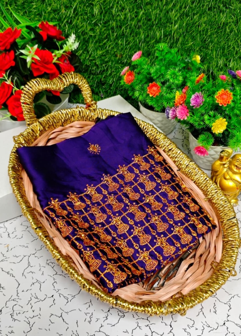 Luxurious heavy work blouse fabric with floral goldwork jaal border - INDIGO COLOUR (2)
