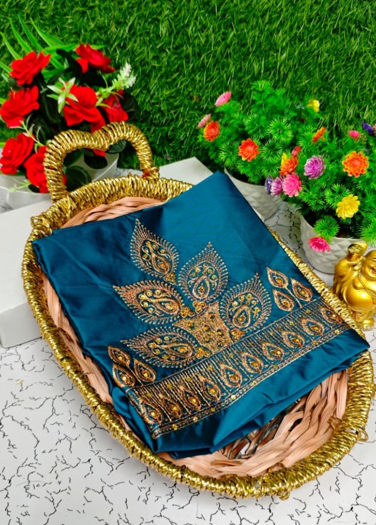 Luxurious heavy work blouse fabric with floral goldwork jaal border - BLUE SHADE (4)