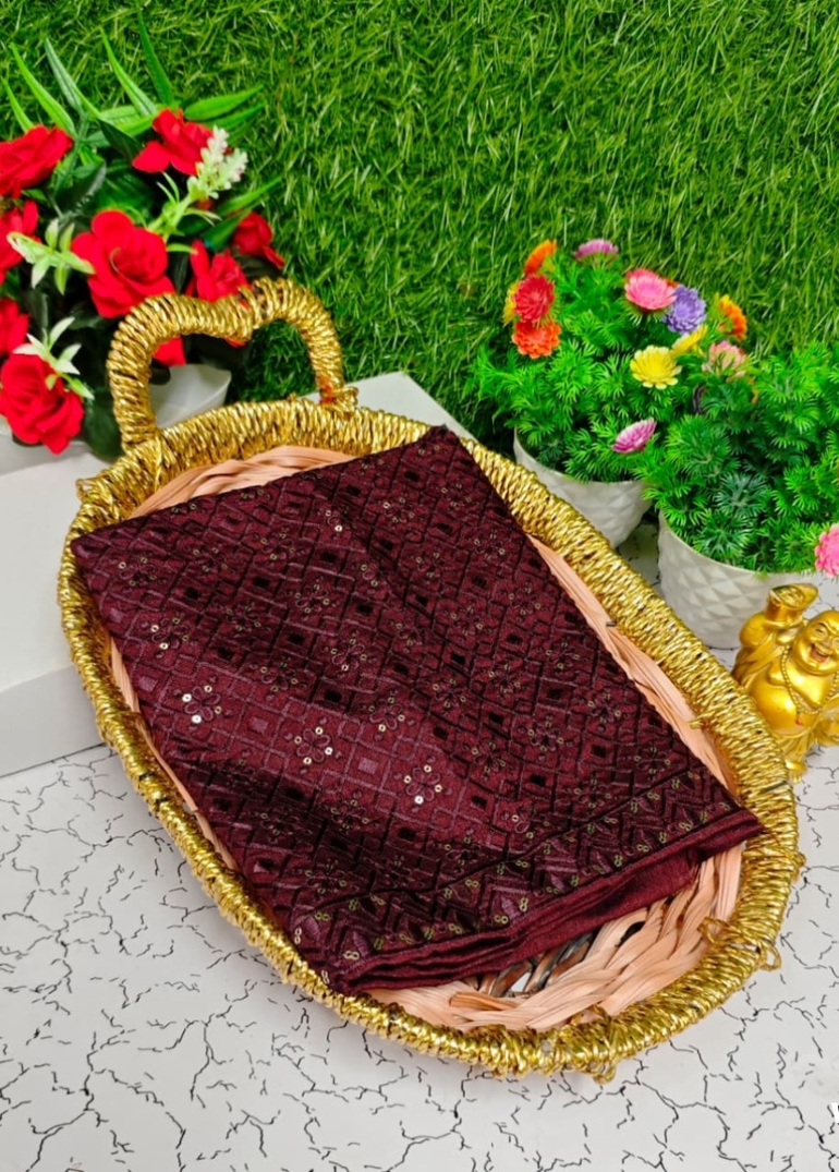 Luxurious heavy work blouse fabric with floral goldwork jaal border - WINE COLOUR (3)