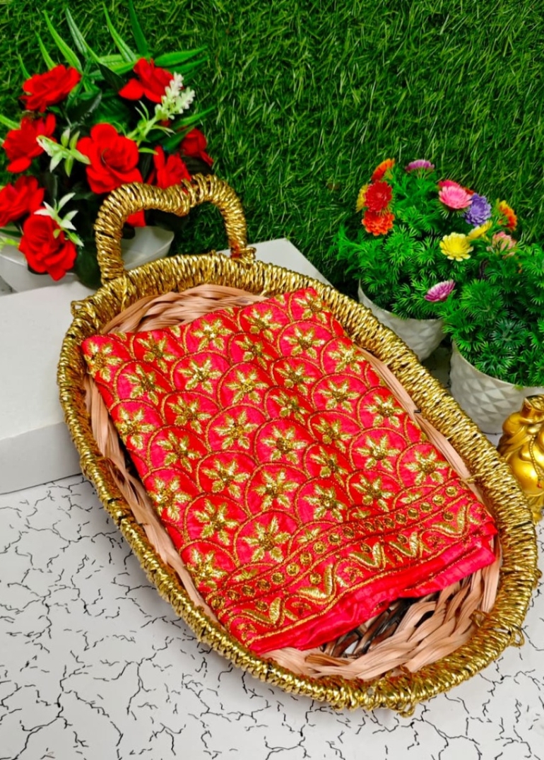 Luxurious heavy work blouse fabric with floral goldwork jaal border - DARK PINK (14)