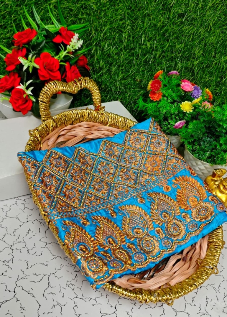 Luxurious heavy work blouse fabric with floral goldwork jaal border - BLUE SHADE (5)