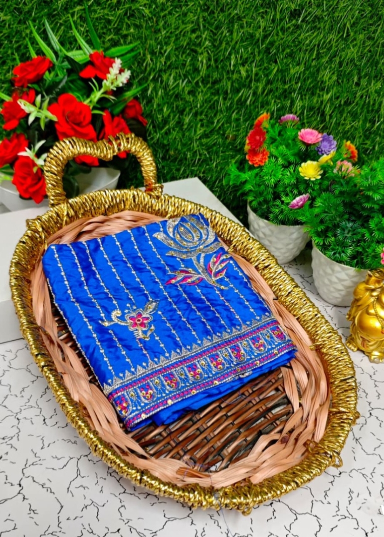 Luxurious heavy work blouse fabric with floral goldwork jaal border - BLUE COLOUR (3)