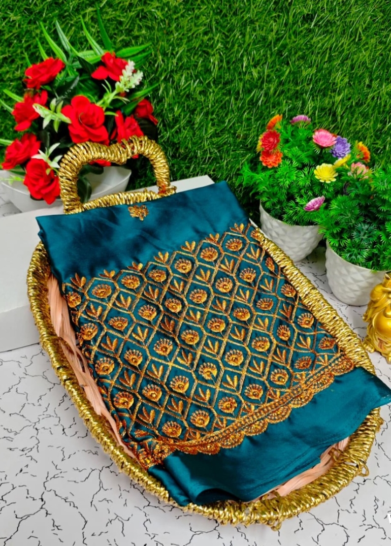 Luxurious heavy work blouse fabric with floral goldwork jaal border - PEACKOK BLUE (4)