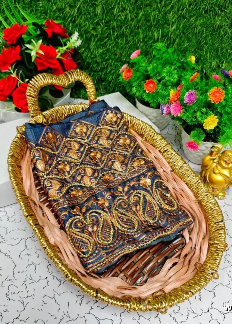 Luxurious heavy work blouse fabric with floral goldwork jaal border - GRAY (2)