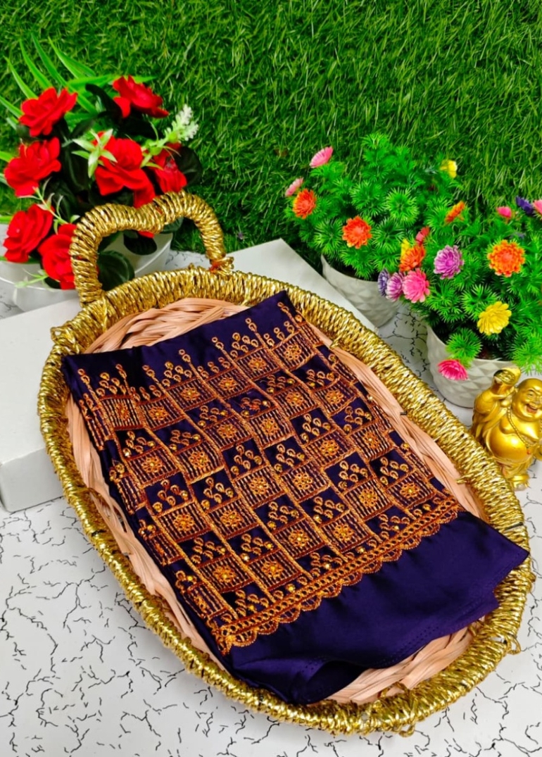 Luxurious heavy work blouse fabric with floral goldwork jaal border - INDIGO COLOUR (3)