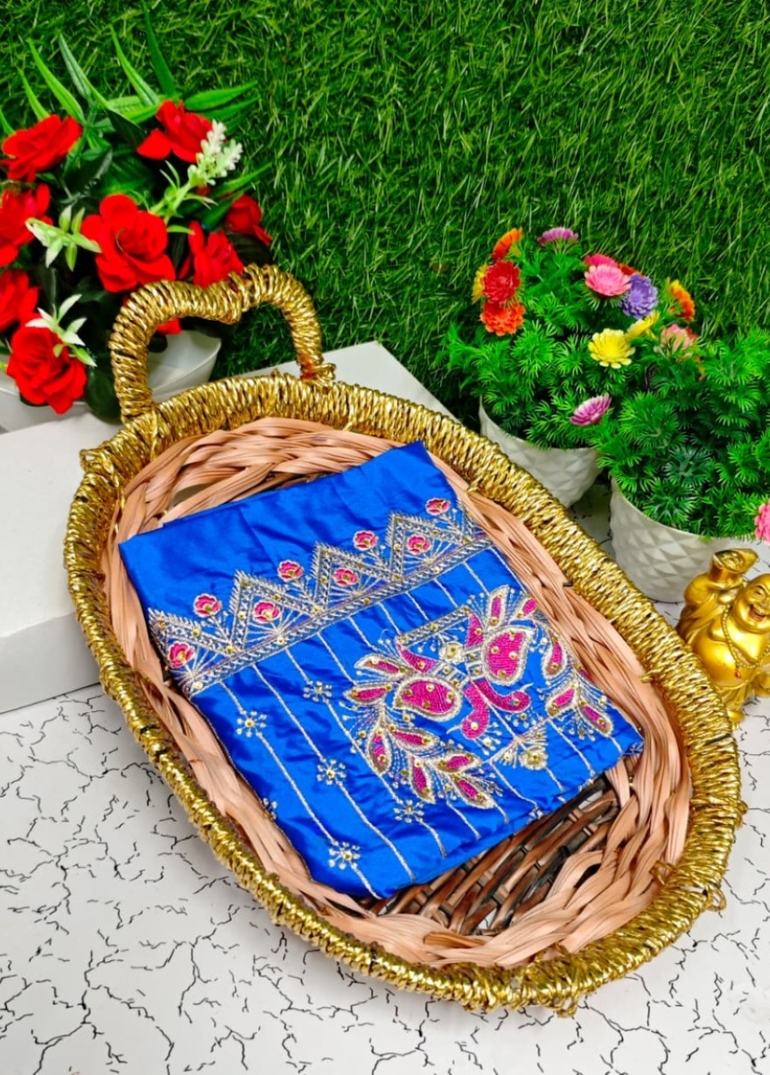 Luxurious heavy work blouse fabric with floral goldwork jaal border - BLUE COLOUR (4)