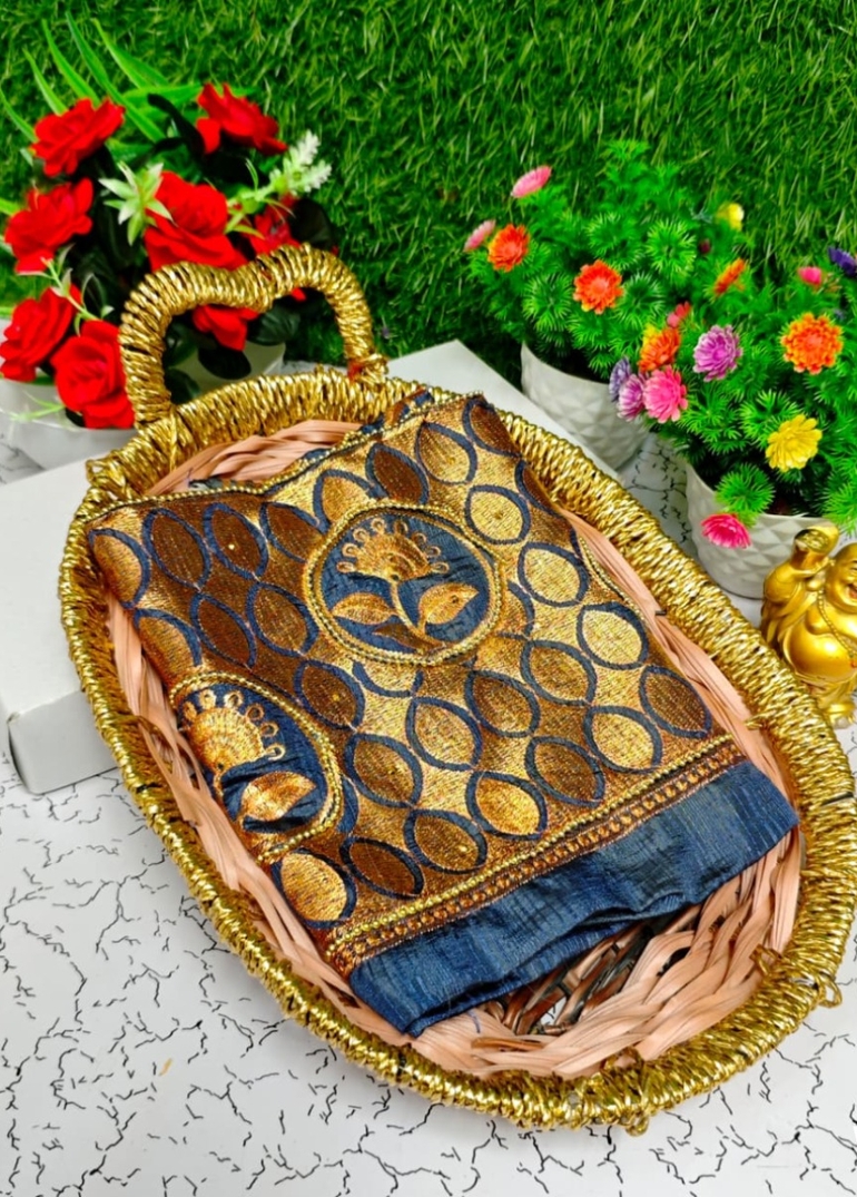 Luxurious heavy work blouse fabric with floral goldwork jaal border - GRAY (3)