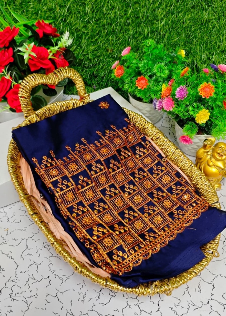 Luxurious heavy work blouse fabric with floral goldwork jaal border - R BLUE (4)
