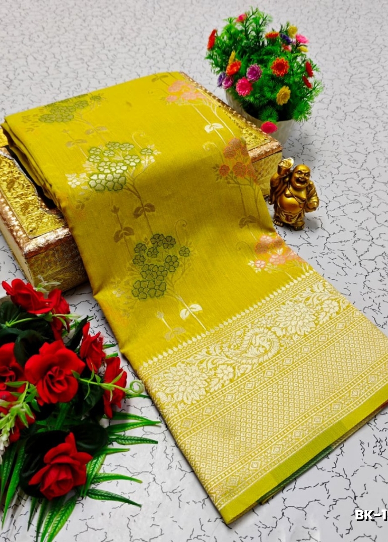 Banaras with our banarasi cotton fabric a beautiful fusion of classic artistry and breathable comfort wear saree - LEMON GREEN
