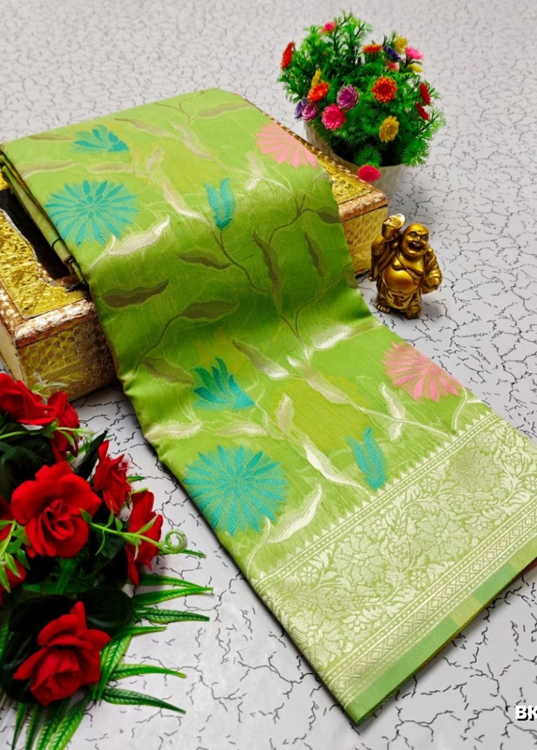 Banaras with our banarasi cotton fabric a beautiful fusion of classic artistry and breathable comfort wear saree - LIGHT GREEN (3)