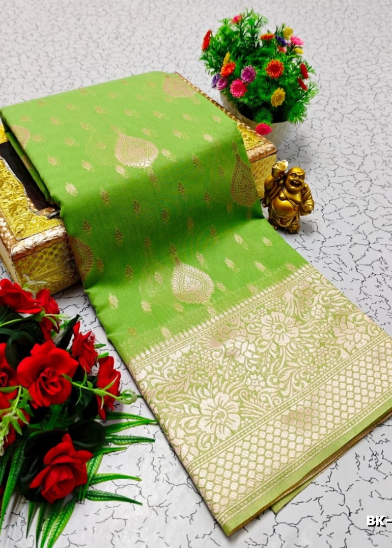 Banaras with our banarasi cotton fabric a beautiful fusion of classic artistry and breathable comfort wear saree - LITE GREEN