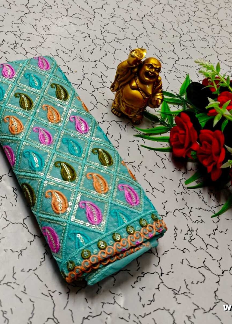 Luxurious heavy work blouse fabric with floral goldwork jaal border - LIGHT SKY BLUE (1)