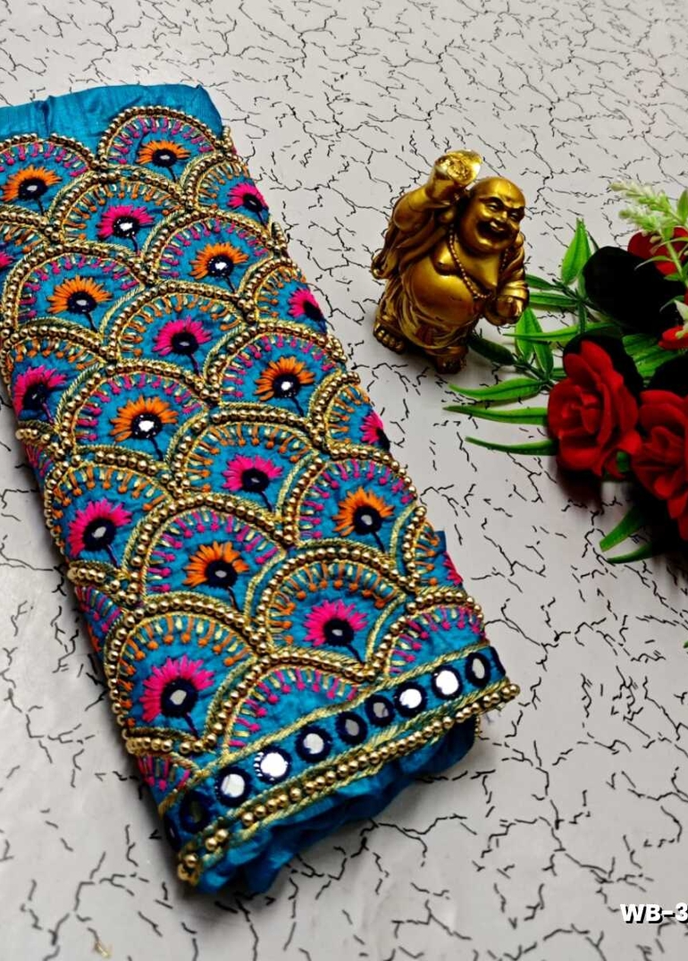 Luxurious heavy work blouse fabric with floral goldwork jaal border - DARK SKY BLUE