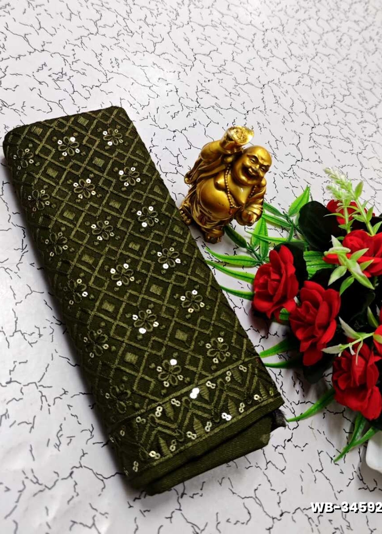 Luxurious heavy work blouse fabric with floral goldwork jaal border - MEHENDHI GREEN