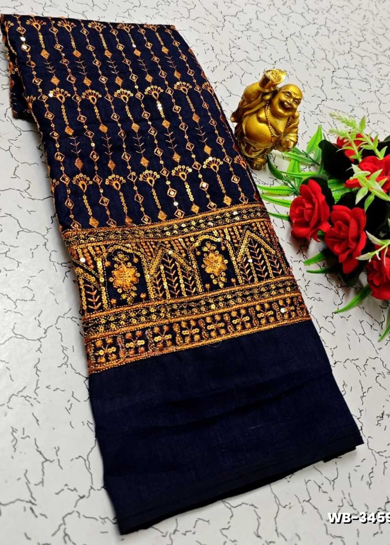 Luxurious heavy work blouse fabric with floral goldwork jaal border - R BLUE (5)