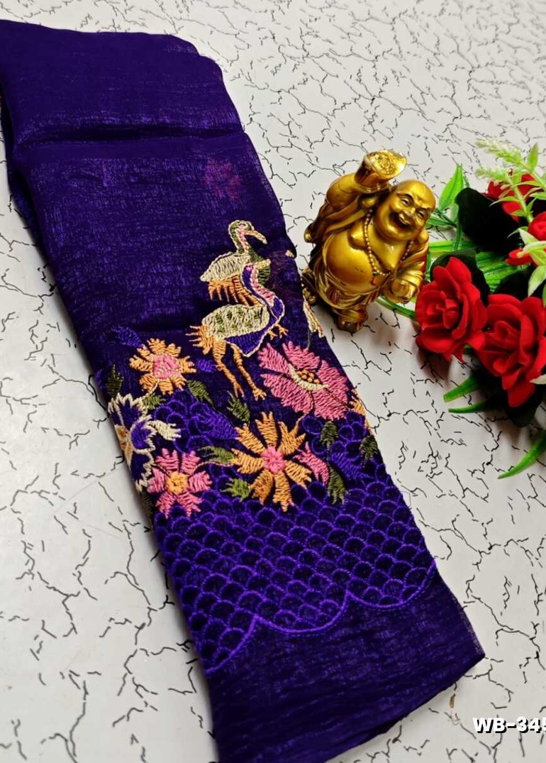 Luxurious heavy work blouse fabric with floral goldwork jaal border - INDIGO COLOUR (4)