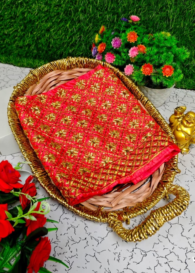 Luxurious heavy work blouse fabric with floral goldwork jaal border - PEACH (2)