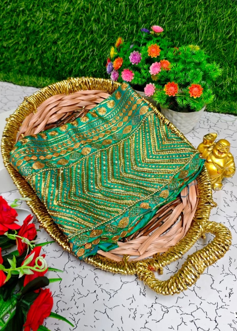 Luxurious heavy work blouse fabric with floral goldwork jaal border - EMERALD COLOUR