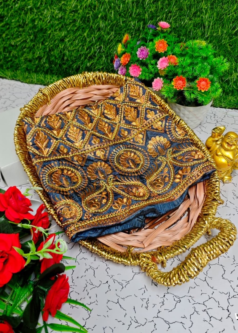 Luxurious heavy work blouse fabric with floral goldwork jaal border - GRAY (4)