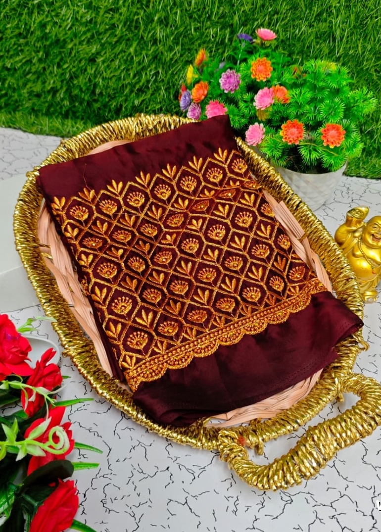 Luxurious heavy work blouse fabric with floral goldwork jaal border - MAROON COLOR (3)