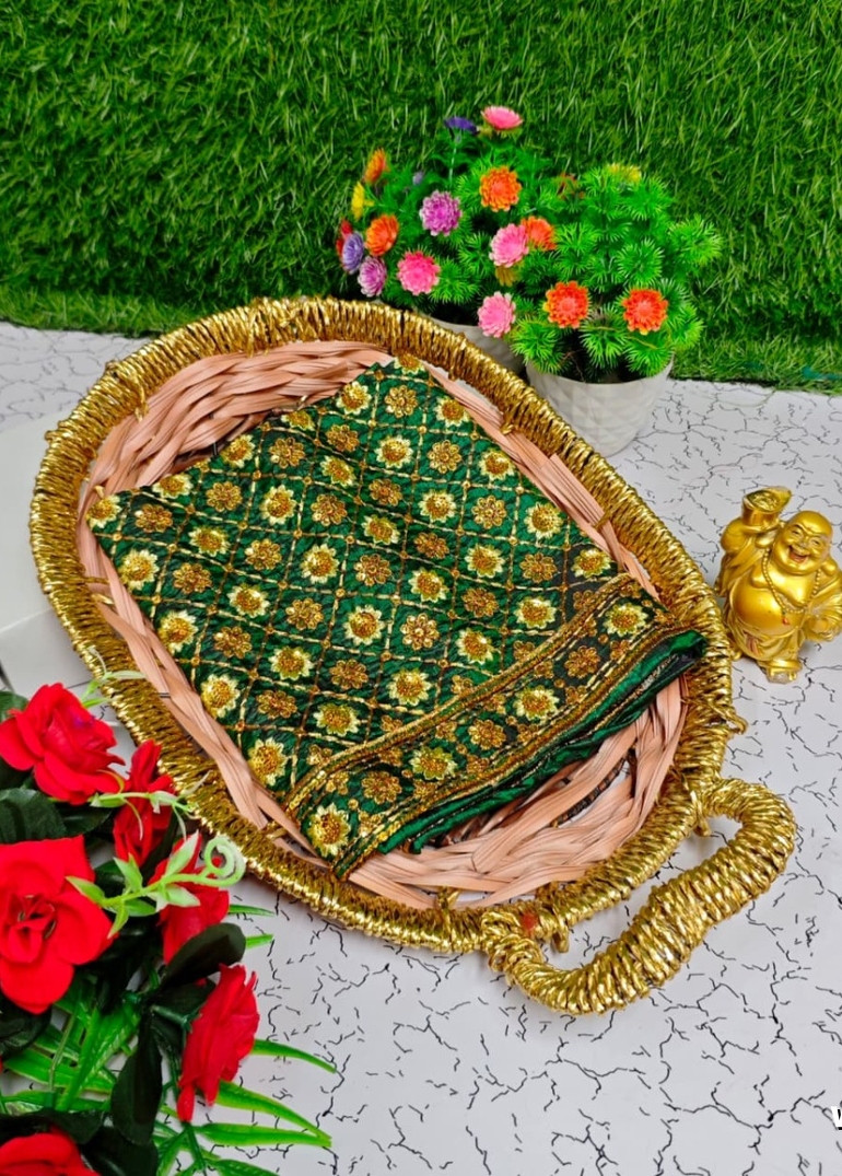 Luxurious heavy work blouse fabric with floral goldwork jaal border - BOTTLE GREEN (1)