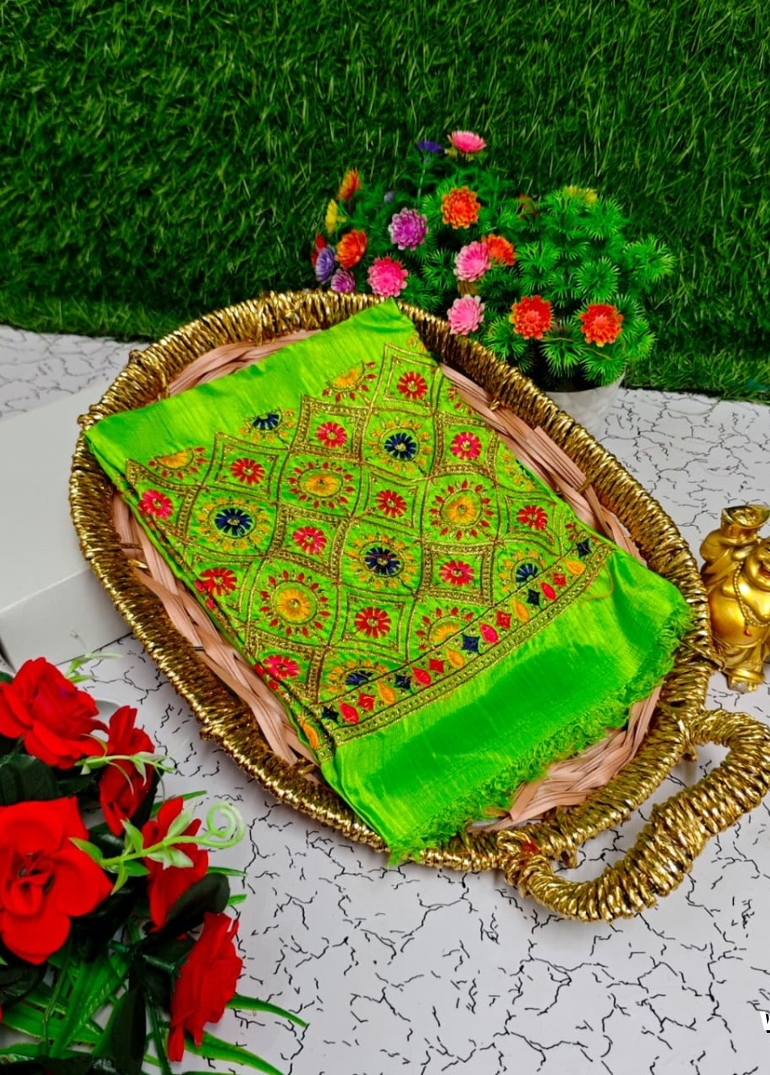 Luxurious heavy work blouse fabric with floral goldwork jaal border - PARET GREEN