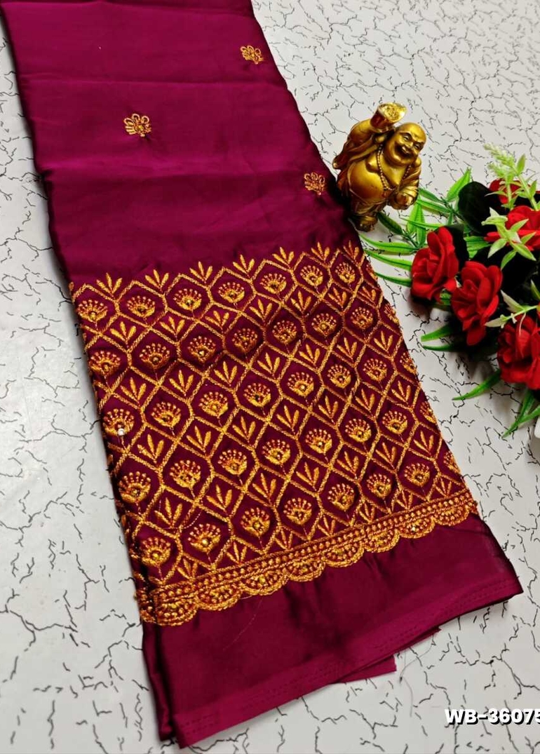 Luxurious heavy work blouse fabric with floral goldwork jaal border - MEJANTA (4)