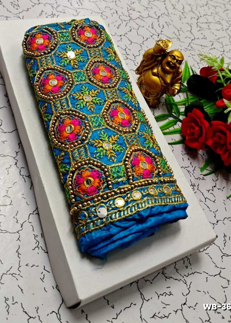 Luxurious heavy work blouse fabric with floral goldwork jaal border - DARK SKY BLUE (1)