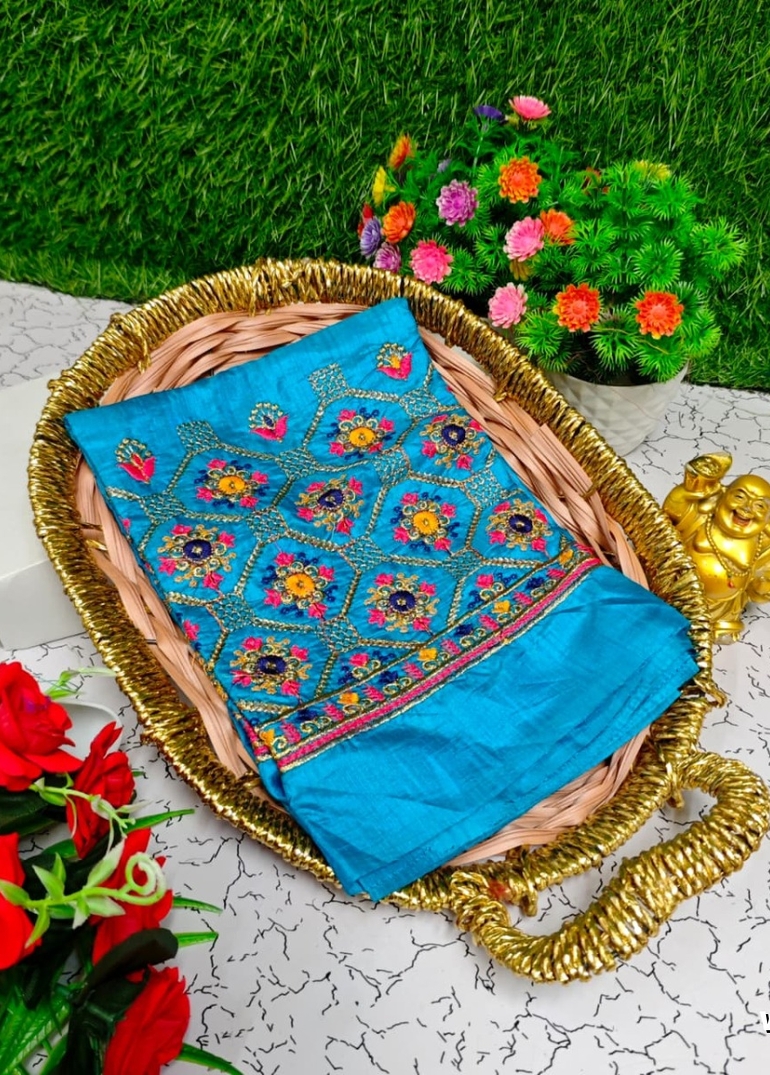 Luxurious heavy work blouse fabric with floral goldwork jaal border - SKY BLUE (1)