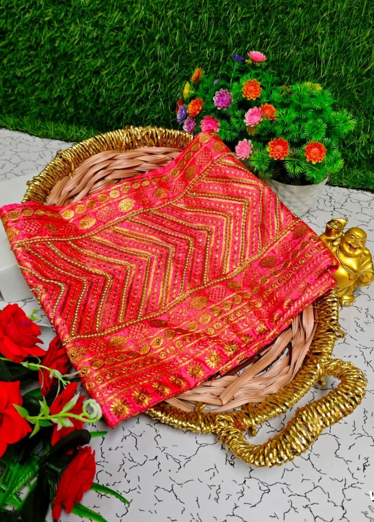 Luxurious heavy work blouse fabric with floral goldwork jaal border - PEACH (3)