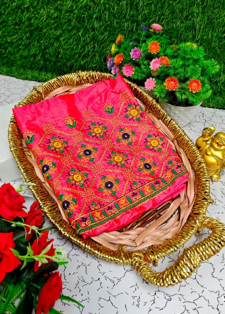 Luxurious heavy work blouse fabric with floral goldwork jaal border - CORAL COLOUR