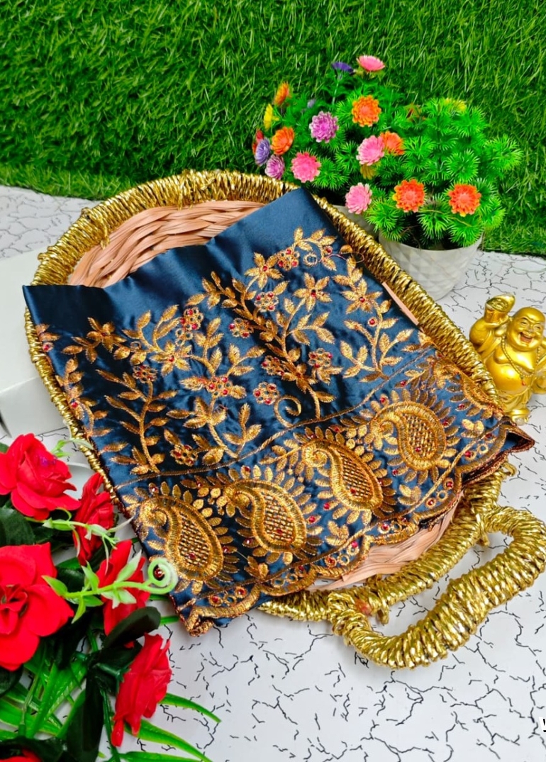 Luxurious heavy work blouse fabric with floral goldwork jaal border - SLATE COLOUR
