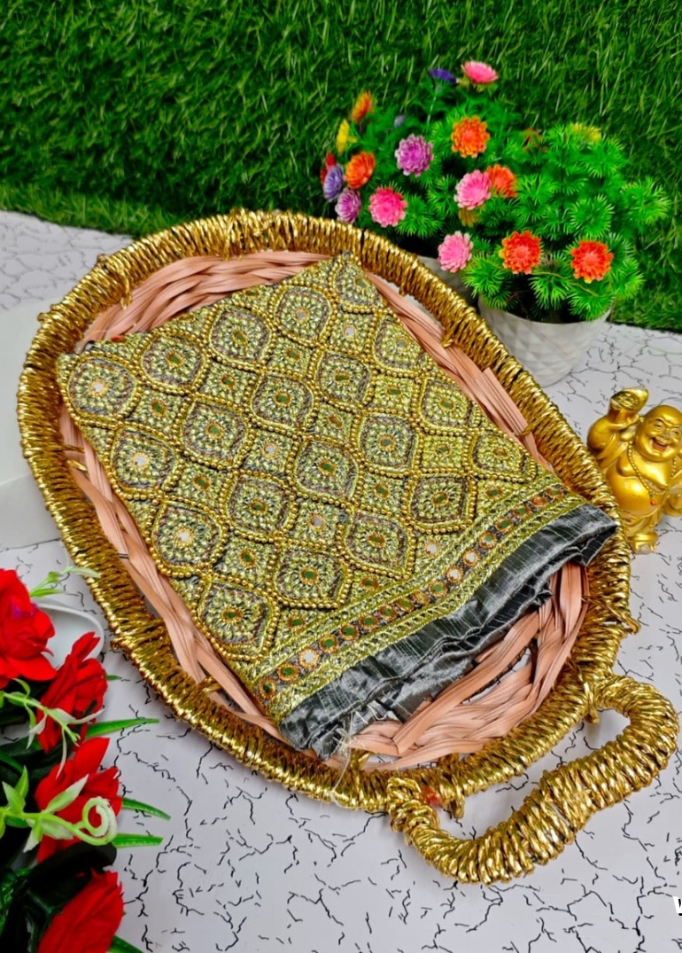 Luxurious heavy work blouse fabric with floral goldwork jaal border - GRAY (5)